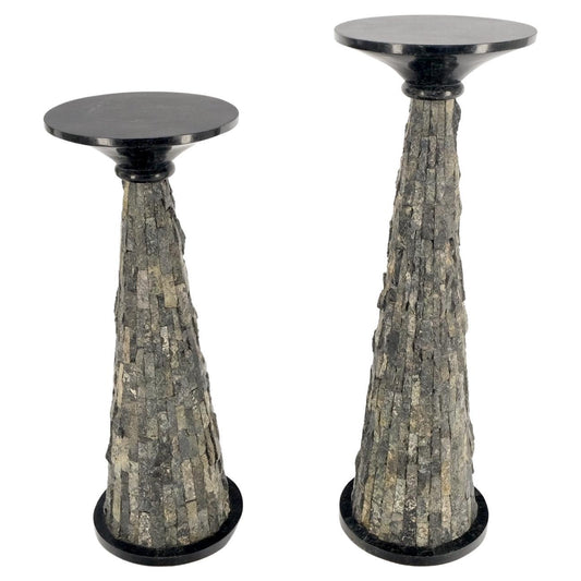 EstablishedLines Pair of Polished & Rough Stone Tiles Cone Shape Non Matching Pair of Pedestals