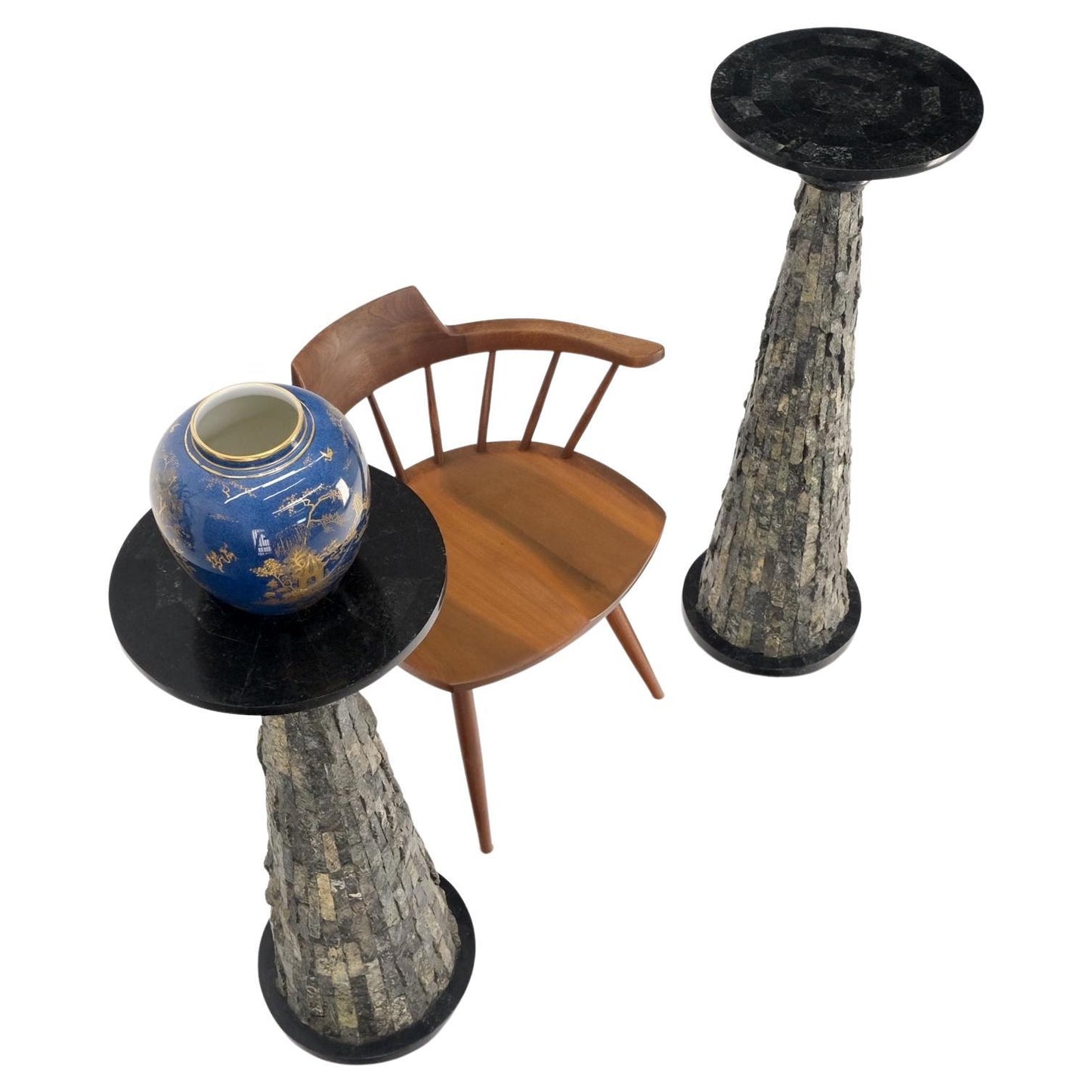 Pair of Polished & Rough Stone Tiles Cone Shape Non Matching Pair of Pedestals