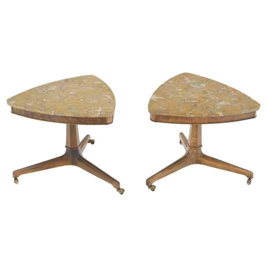 EstablishedLines Pair Triangular Shape Marble Tops End Side Stands Lamp Tables Tomlinson Mint!