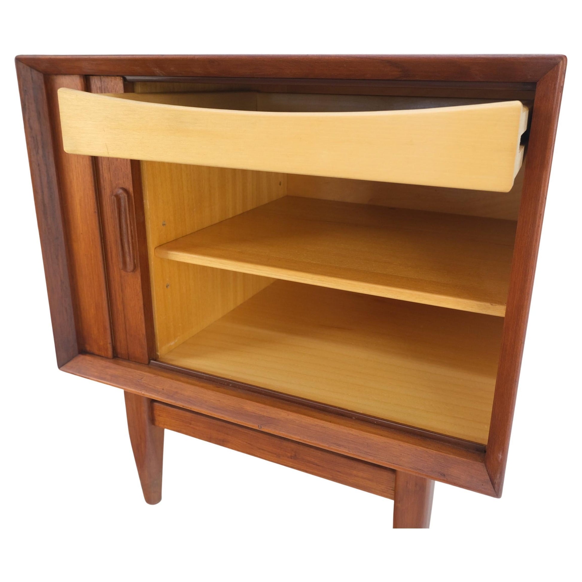 EstablishedLines Danish Mid-Century Modern Teak Side End Table Night Stand Tambour Doors Falster