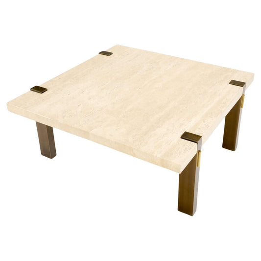 EstablishedLines Solid Bronze Base Thick Square Solid Travertine Top Coffee Center Table Mint!