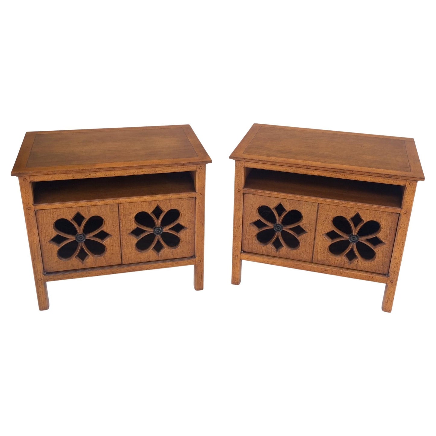 EstablishedLines Pair Double Door Pierced Carved Doors Compartment Night Stands End Tables Mint