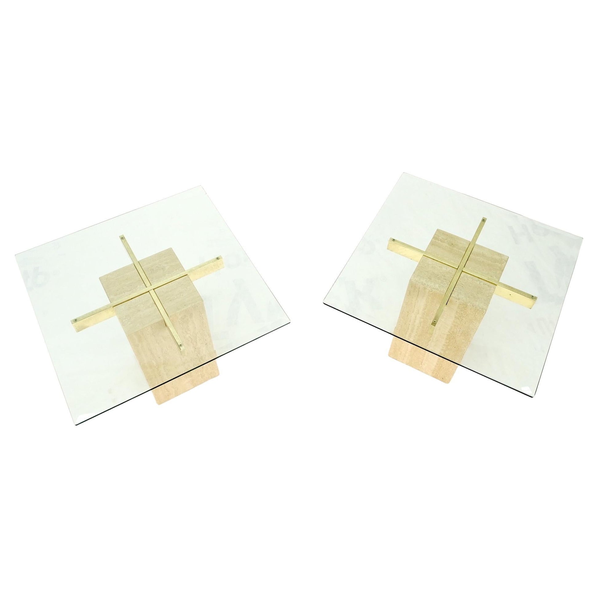 EstablishedLines Pair Travertine Bases Cross Support Glass Top End Side Occational Tables Stands