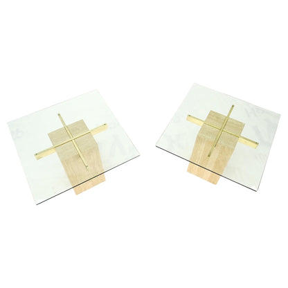 EstablishedLines Pair Travertine Bases Cross Support Glass Top End Side Occational Tables Stands