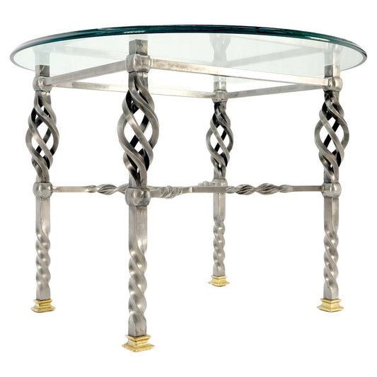 EstablishedLines Wrought Iron Art Ornament Brass Tips Feet Oval Glass Top Side End Coffee Table