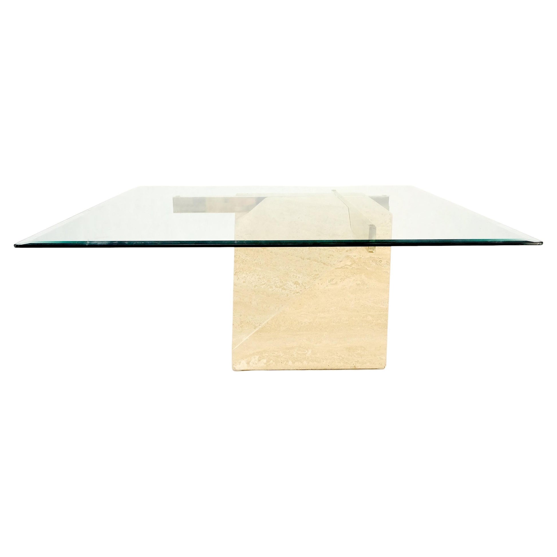 EstablishedLines Travertine Cube Base Square Glass Top Italian Mid-Century Modern Coffee Table