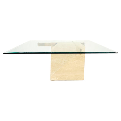 EstablishedLines Travertine Cube Base Square Glass Top Italian Mid-Century Modern Coffee Table