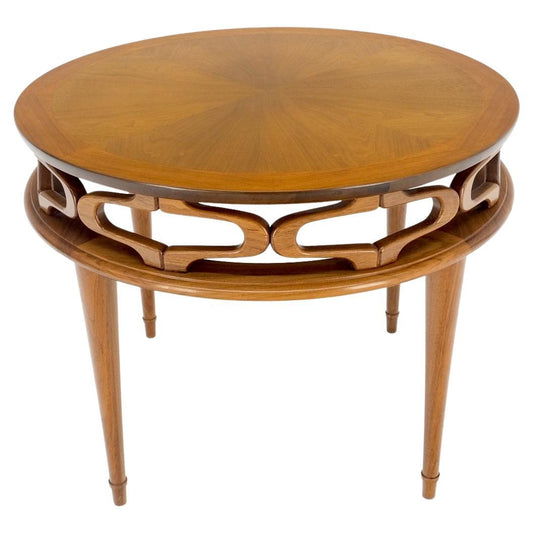 EstablishedLines Pierced Caved Ornament Round Walnut Banded Mid-Century Modern Side End Table