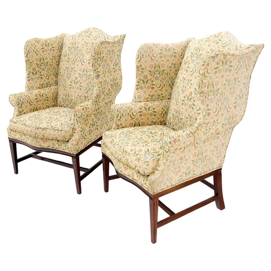 EstablishedLines Pair of Deep Profile Antique Wing Arm Chairs Mahogany Legs Federal Style