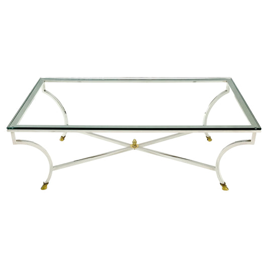EstablishedLines Mid Century Brass Hoof Feet Chrome Base Glass Top Rectangle Coffee Table MINT!