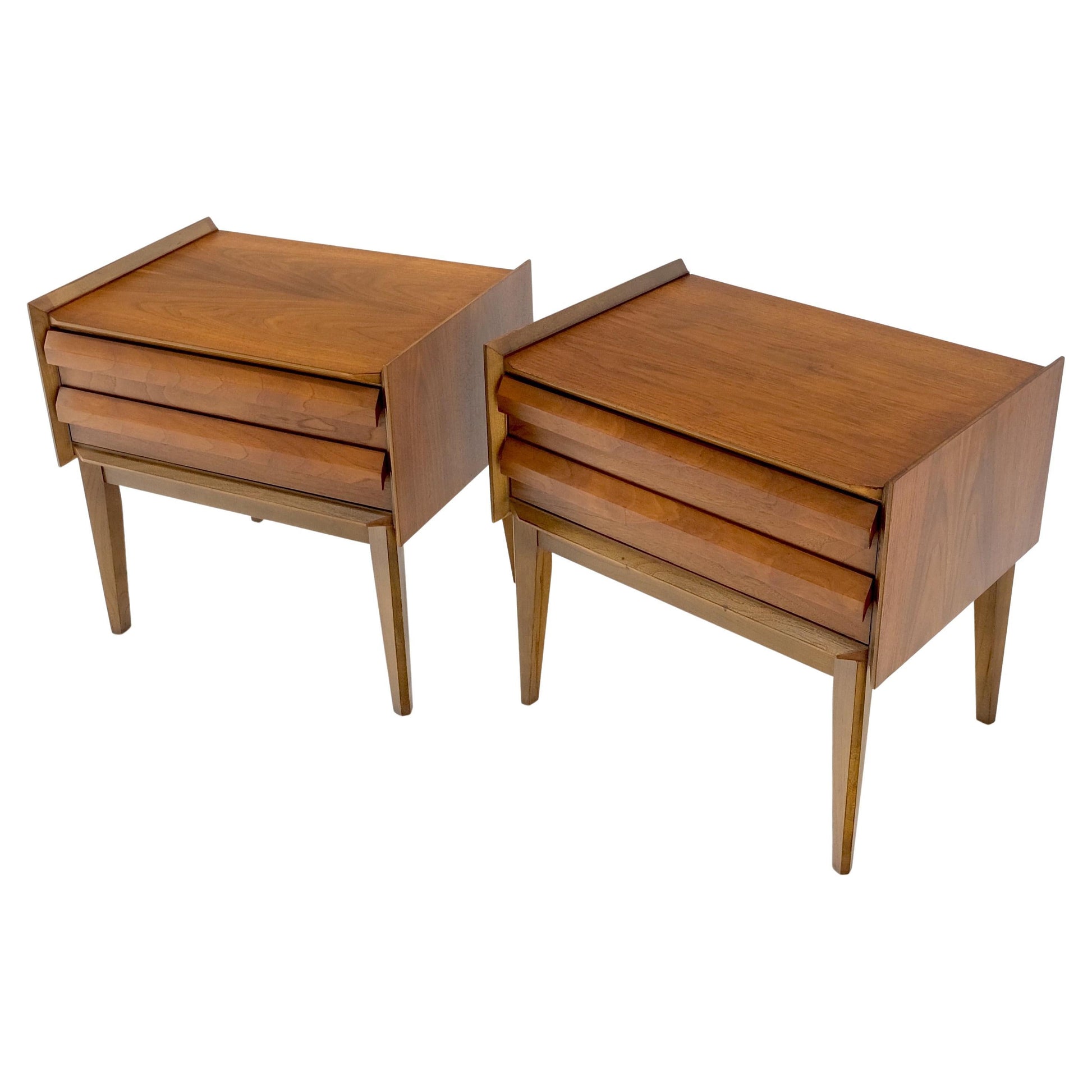 EstablishedLines Pair Two Drawers Walnut Mid-Century Modern End Side Night Stands Tables Mint!