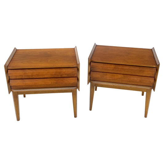 EstablishedLines Pair Two Drawers Walnut Mid-Century Modern End Side Night Stands Tables Mint!