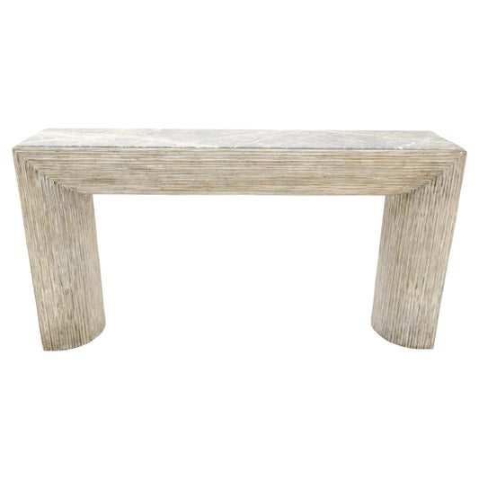 EstablishedLines Large Decorative Carved White Washed Wood Marble Top Console Sofa Table MINT!