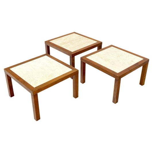 EstablishedLines Set of Mid Century Solid Walnut Bases Travertine Tops End Side Occasional Tables