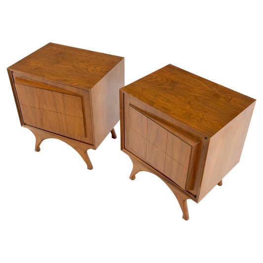 EstablishedLines Pair Sculpted Fronts Legs Walnut Mid-Century Modern Nightstands End Tables MINT!
