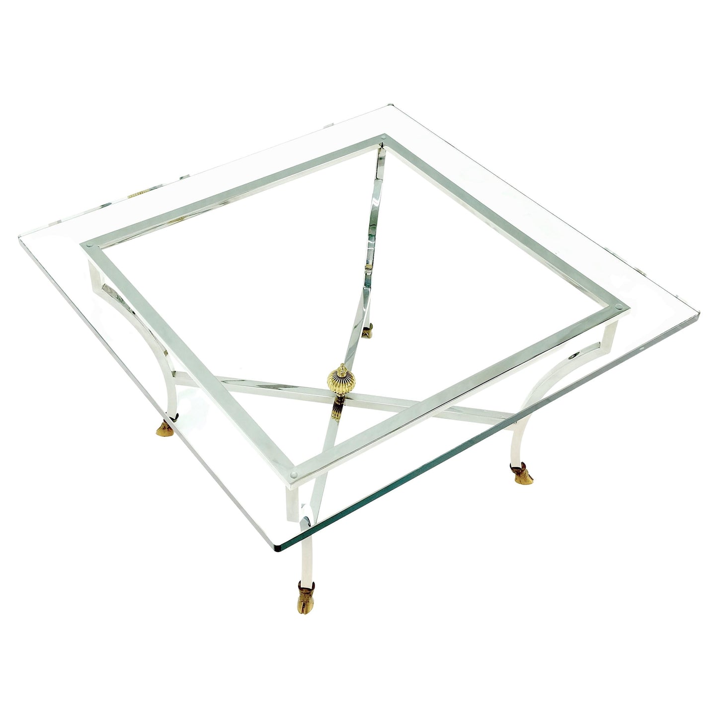 EstablishedLines Chrome Glass Brass Finial Base Hoof Feet Square Coffee Center Table Mint!