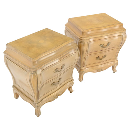 EstablishedLines Pair Bombe White Wash Pickled Burl Wood Night Stands End Tables Brass Pulls Mint