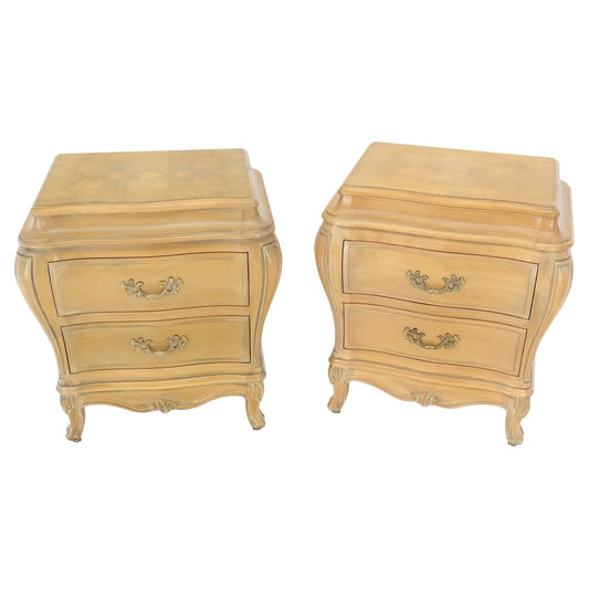 EstablishedLines Pair Bombe White Wash Pickled Burl Wood Night Stands End Tables Brass Pulls Mint