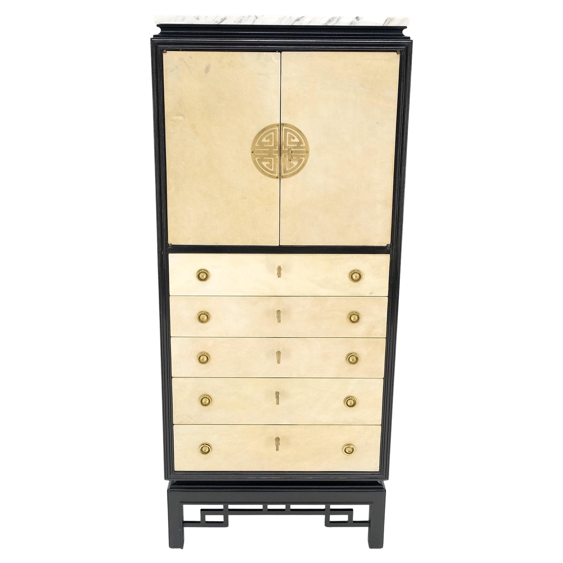 EstablishedLines Black Lacquer Marble Top Goatskin Drawers & Double Doors Liquor Silver Cabinet