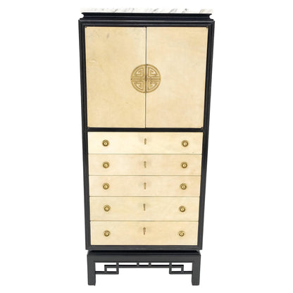 EstablishedLines Black Lacquer Marble Top Goatskin Drawers & Double Doors Liquor Silver Cabinet