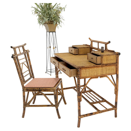 EstablishedLines Asian Pagoda Style Burnt Bamboo Cane Desk & Chair MINT!