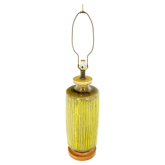 EstablishedLines Large Ceramic Glazed Pottery Yellow & Olive Reed Grass Bamboo Pattern Lamp Mint!