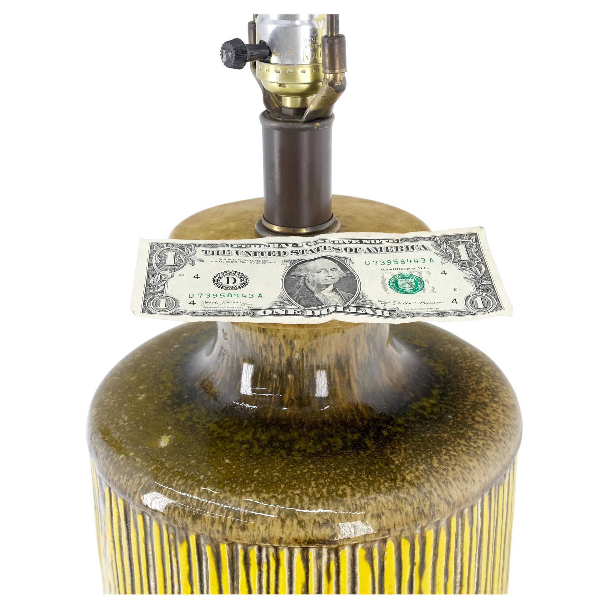 EstablishedLines Large Ceramic Glazed Pottery Yellow & Olive Reed Grass Bamboo Pattern Lamp Mint!