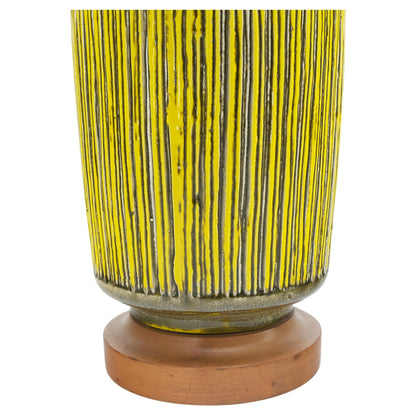 EstablishedLines Large Ceramic Glazed Pottery Yellow & Olive Reed Grass Bamboo Pattern Lamp Mint!