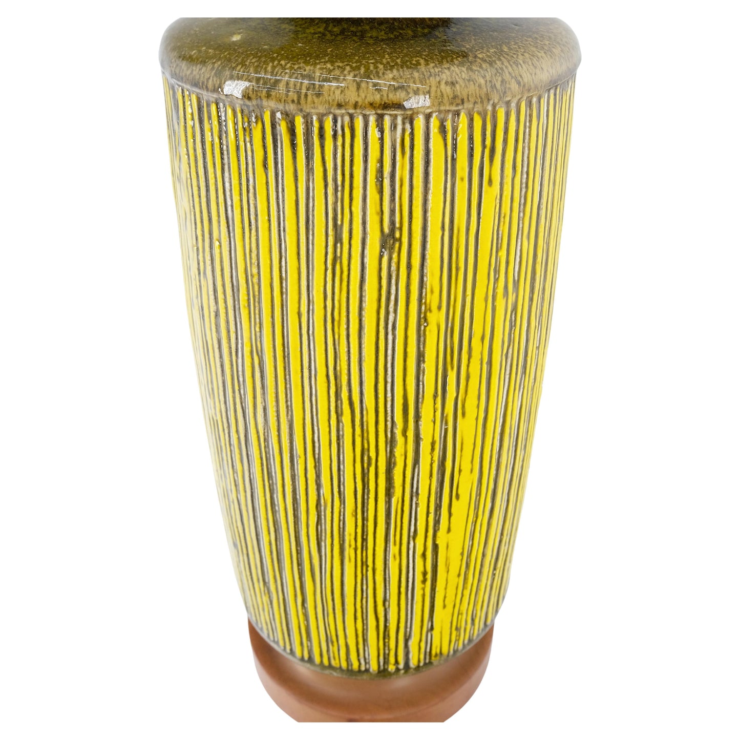 EstablishedLines Large Ceramic Glazed Pottery Yellow & Olive Reed Grass Bamboo Pattern Lamp Mint!