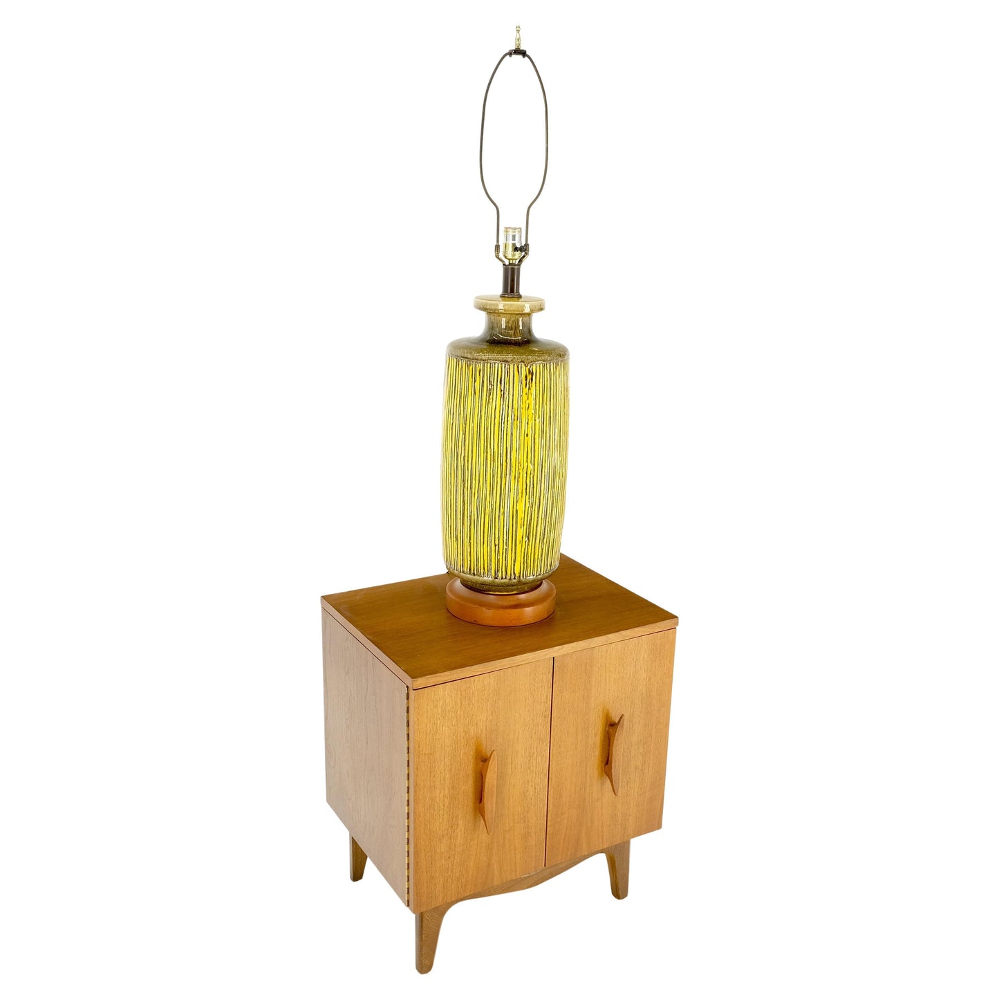 EstablishedLines Large Ceramic Glazed Pottery Yellow & Olive Reed Grass Bamboo Pattern Lamp Mint!