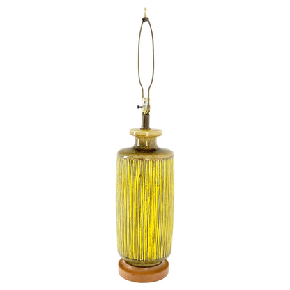 EstablishedLines Large Ceramic Glazed Pottery Yellow & Olive Reed Grass Bamboo Pattern Lamp Mint!