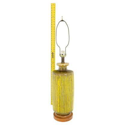 EstablishedLines Large Ceramic Glazed Pottery Yellow & Olive Reed Grass Bamboo Pattern Lamp Mint!