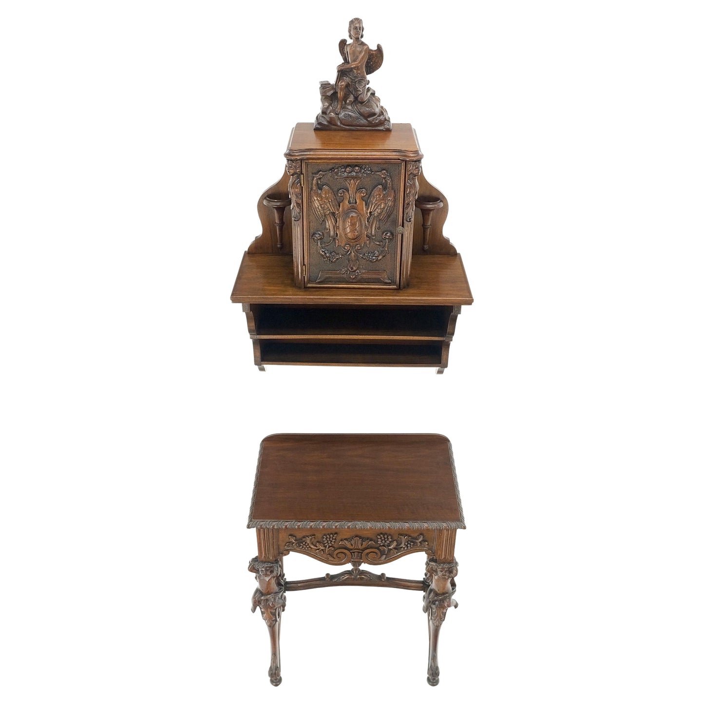 Petit Heavily Carved Walnut Cherubs Rope Edge Two Piece Console Table Shelf MINT