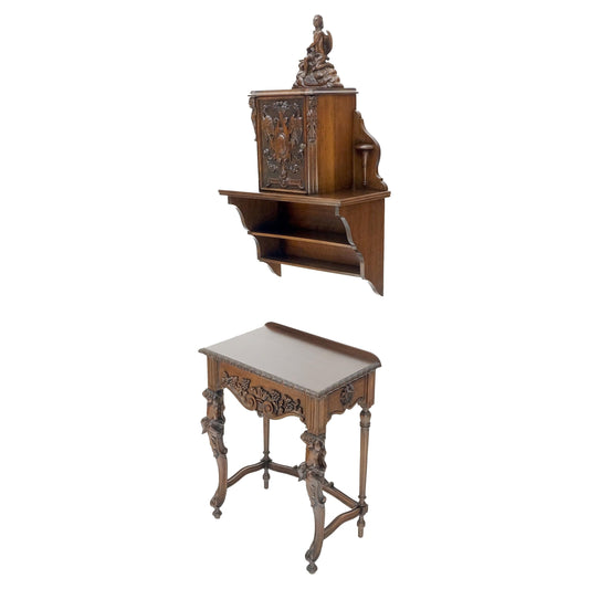 Petit Heavily Carved Walnut Cherubs Rope Edge Two Piece Console Table Shelf MINT