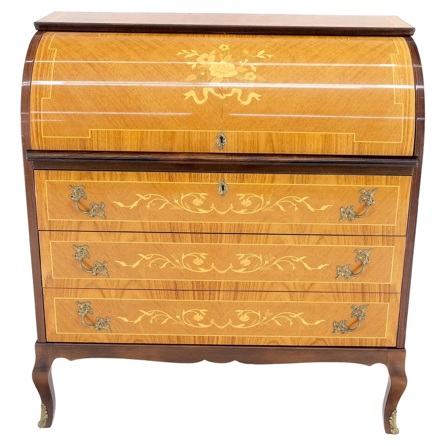 Italian Inlaid Satinwood Cylinder Top Secretary Desk Chest Drawers Dresser Mint!