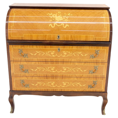 Italian Inlaid Satinwood Cylinder Top Secretary Desk Chest Drawers Dresser Mint!