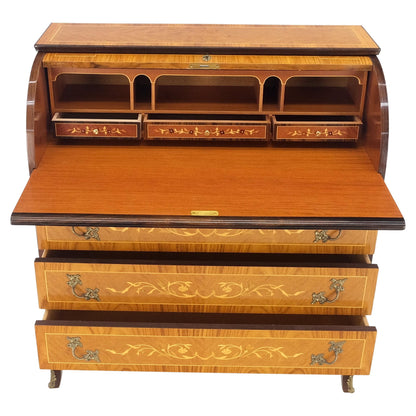 Italian Inlaid Satinwood Cylinder Top Secretary Desk Chest Drawers Dresser Mint!