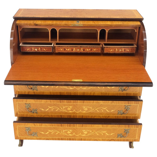 Italian Inlaid Satinwood Cylinder Top Secretary Desk Chest Drawers Dresser Mint!