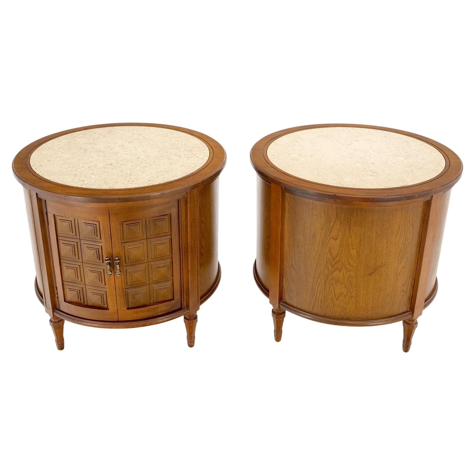 EstablishedLines Pair Round Drum Barrel Shape Travertine Top Two Doors End Side Tables Stand Mint