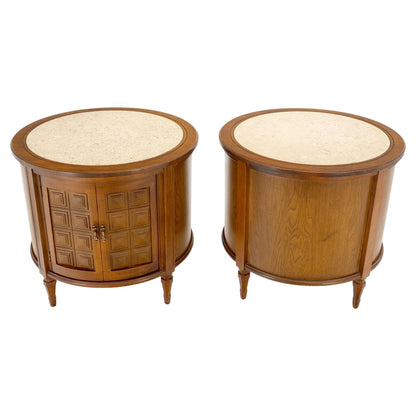 EstablishedLines Pair Round Drum Barrel Shape Travertine Top Two Doors End Side Tables Stand Mint