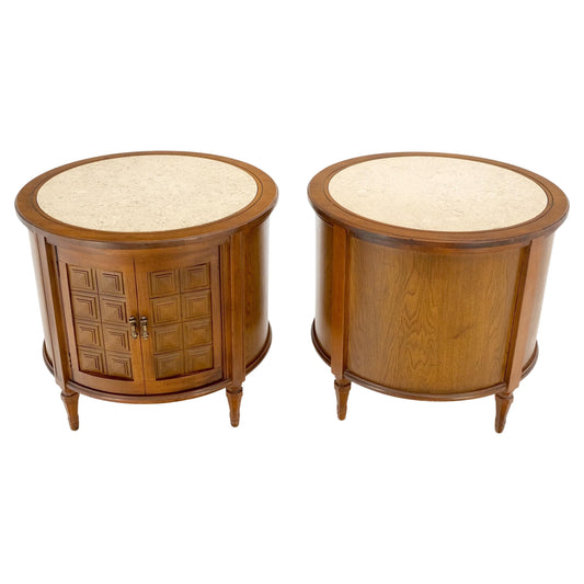 EstablishedLines Pair Round Drum Barrel Shape Travertine Top Two Doors End Side Tables Stand Mint