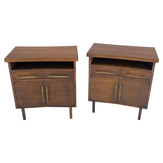 EstablishedLines Pair of Walnut Solid Brass Pulls Mid-Century Modern Nightstands Cabinets MINT!