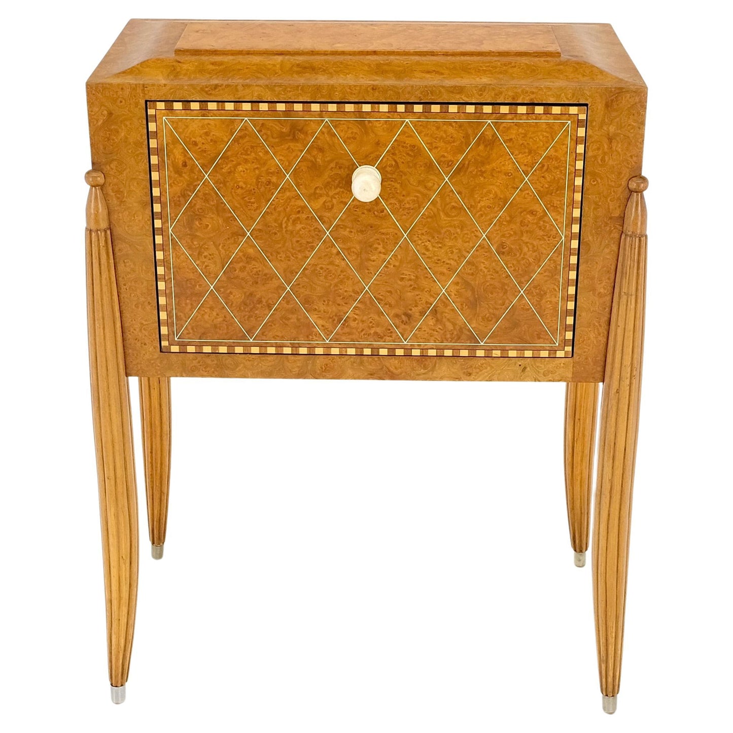 EstablishedLines Art Deco Diamond Inlay Drop Front Burl Wood Stand Side Table Fluted Tapered Leg