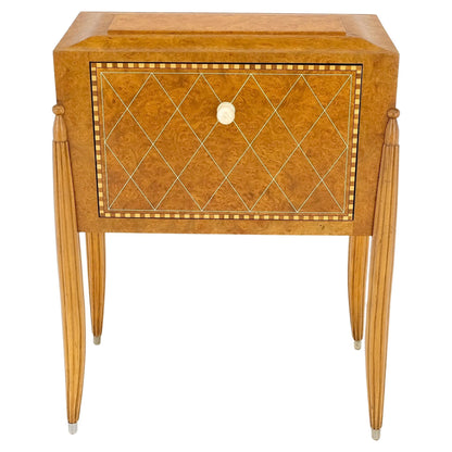 EstablishedLines Art Deco Diamond Inlay Drop Front Burl Wood Stand Side Table Fluted Tapered Leg