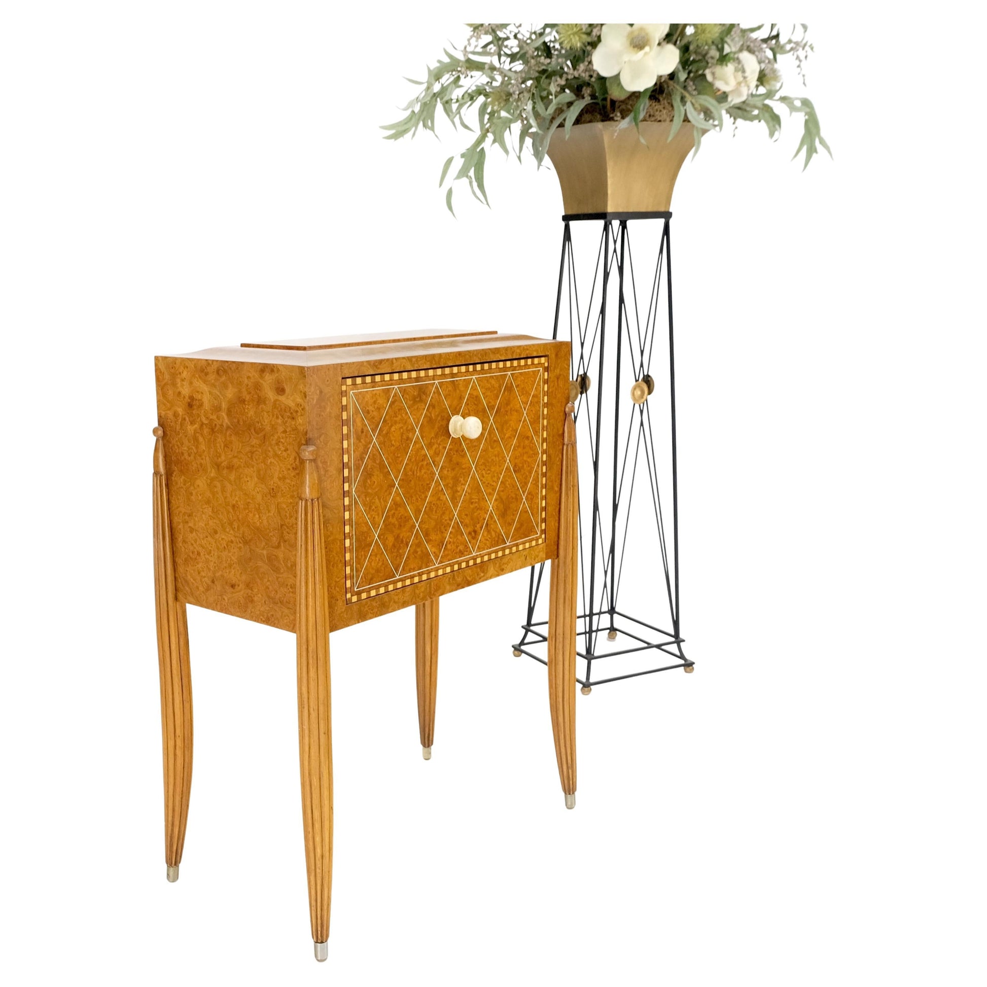 EstablishedLines Art Deco Diamond Inlay Drop Front Burl Wood Stand Side Table Fluted Tapered Leg