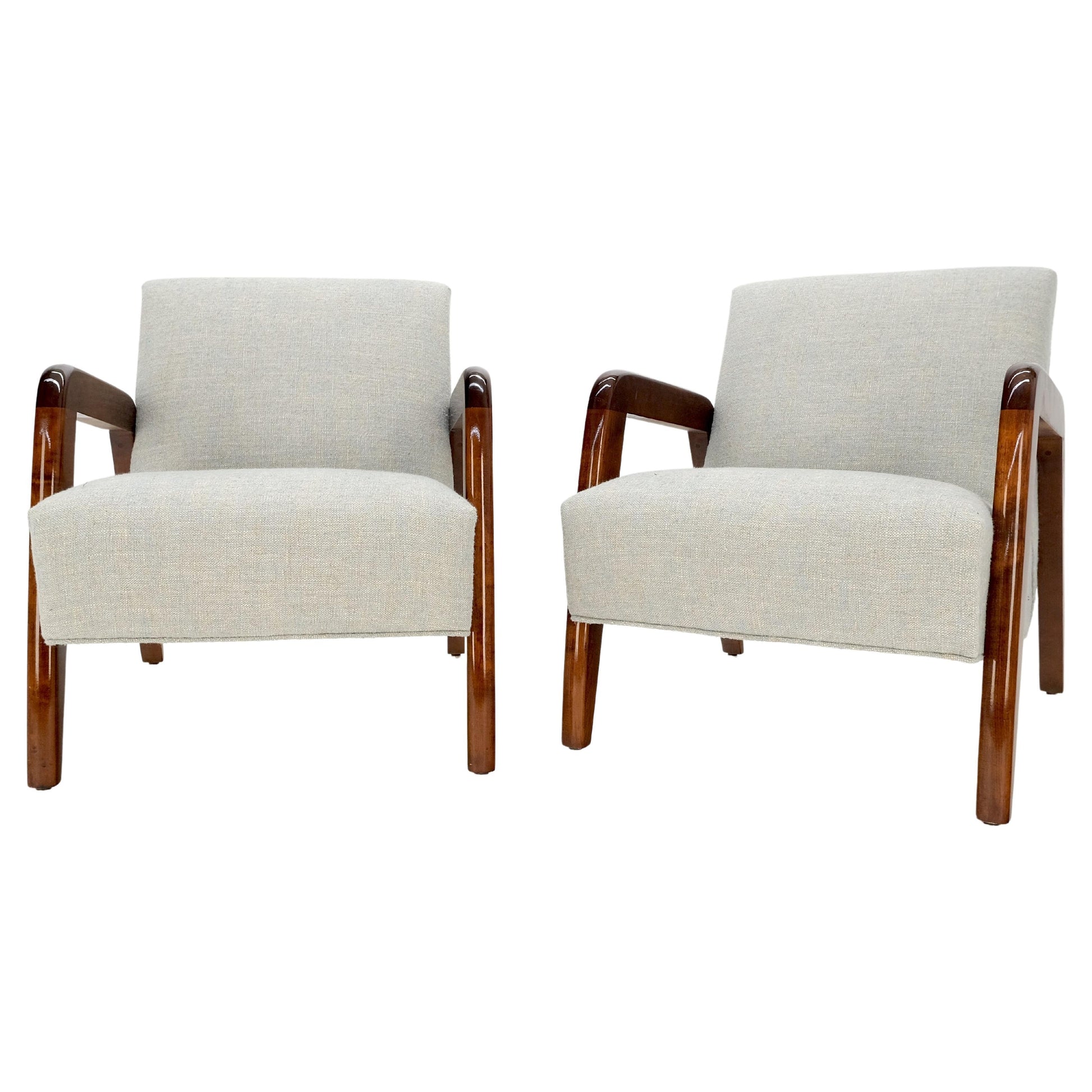 EstablishedLines Pair New Linen Upholstery Heavy Solid Maple Frames American Lounge Chairs Mint!