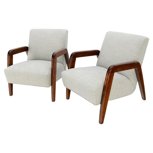EstablishedLines Pair New Linen Upholstery Heavy Solid Maple Frames American Lounge Chairs Mint!
