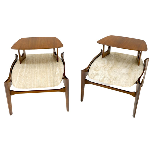 EstablishedLines Pair Sculptural 1970s Walnut Travertine Tops Step Side End Tables Singer Sons