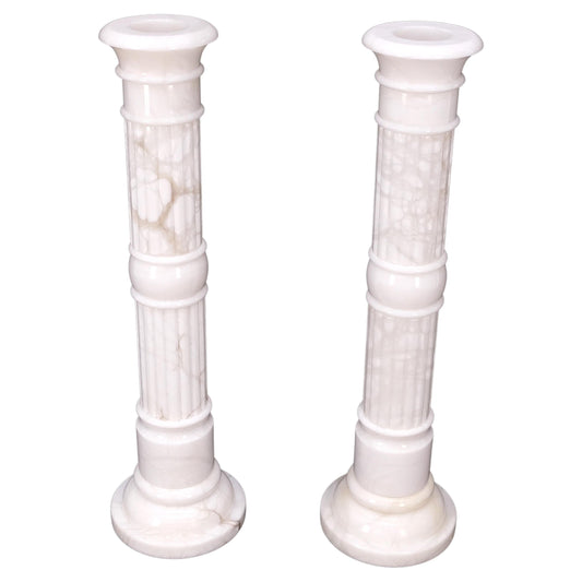EstablishedLines Pair of Italian White Turned Marble Pedestals Columns Stands Mint