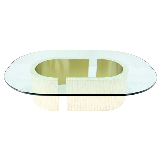 EstablishedLines Racetrack Oval Shape Glass Top Tessellated Bone Tile Base Coffee Table Mint